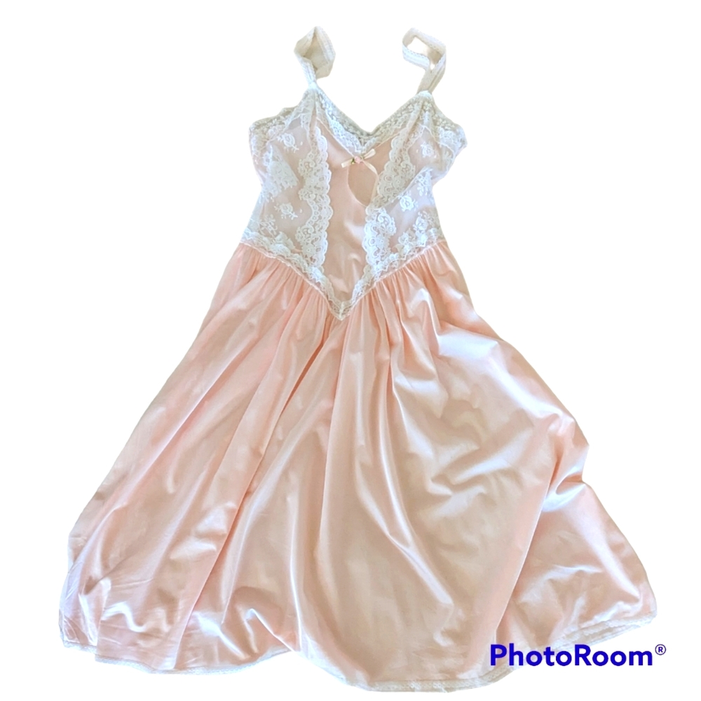Vintage Diane Von Furstenberg Lingerie Medium Pink Nylon Lace Nightgown Midi
